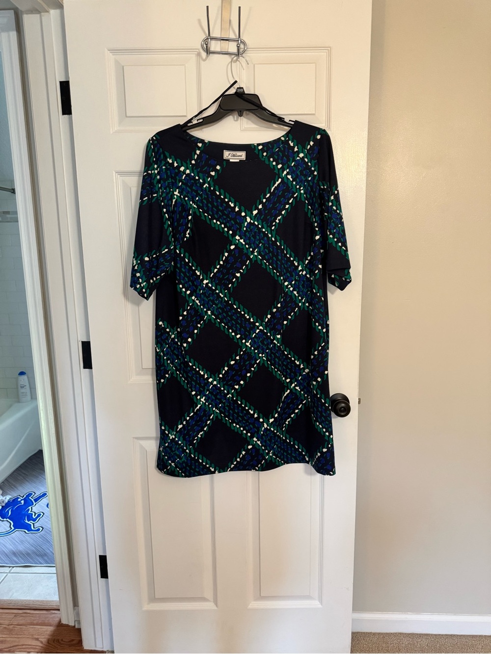 Navy Geometric Shift Dress with Teal & Green Accents - Unknown Brand